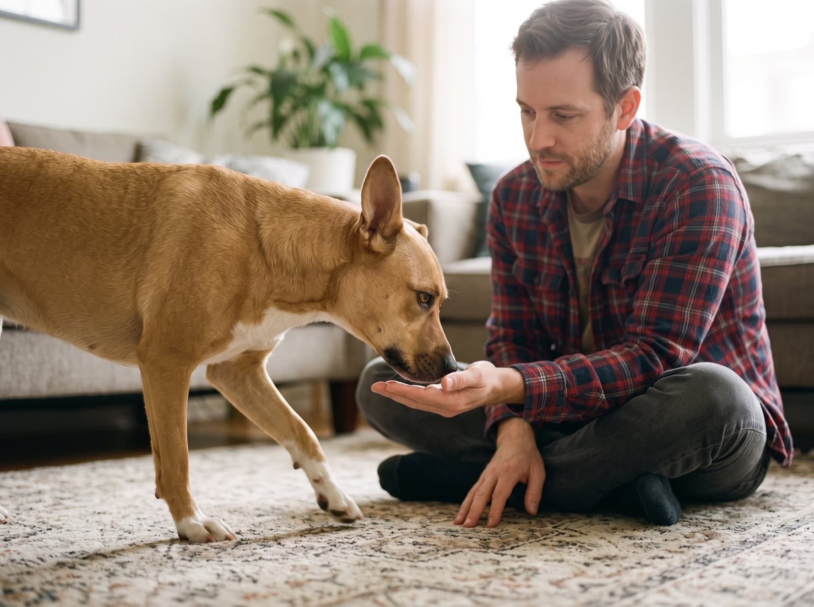 A rescue dog sniffing a man's open hand on a living-room rug