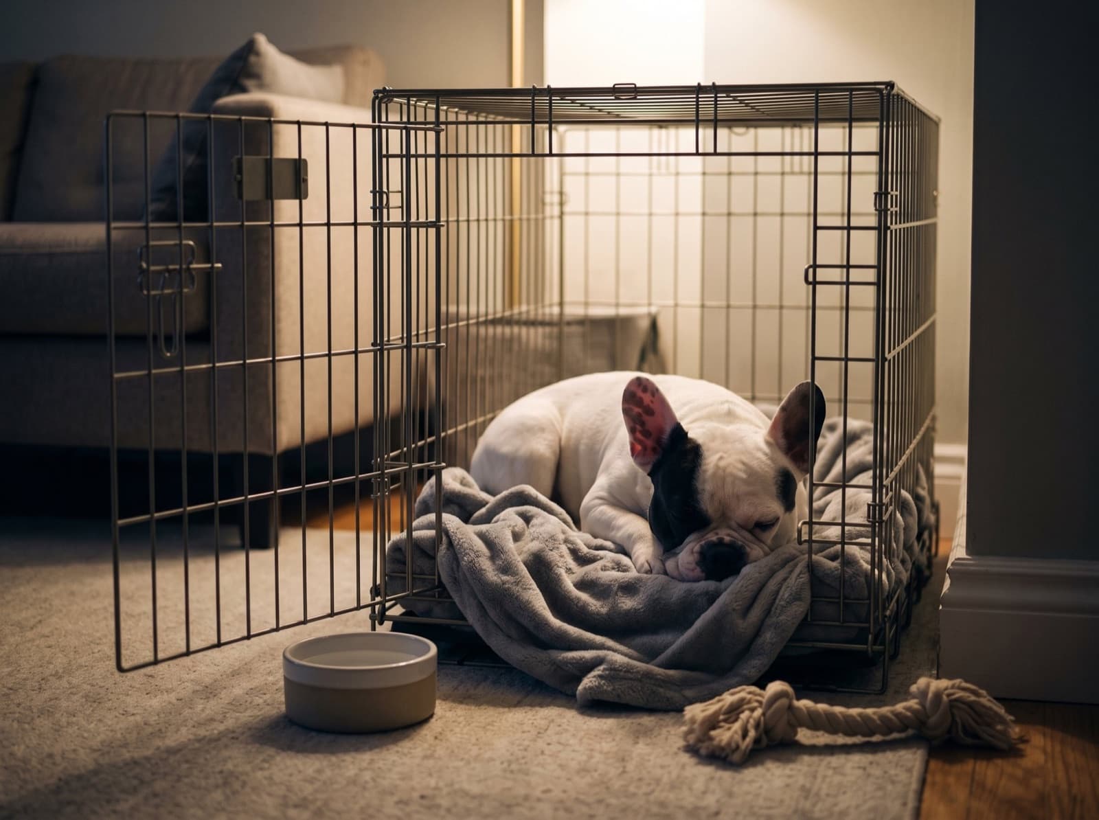 A French Bulldog puppy asleep on a blanket in an open crate