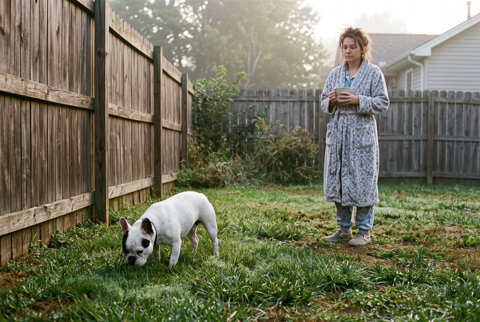 Early morning: a French Bulldog sniffing the grass at the same potty spot