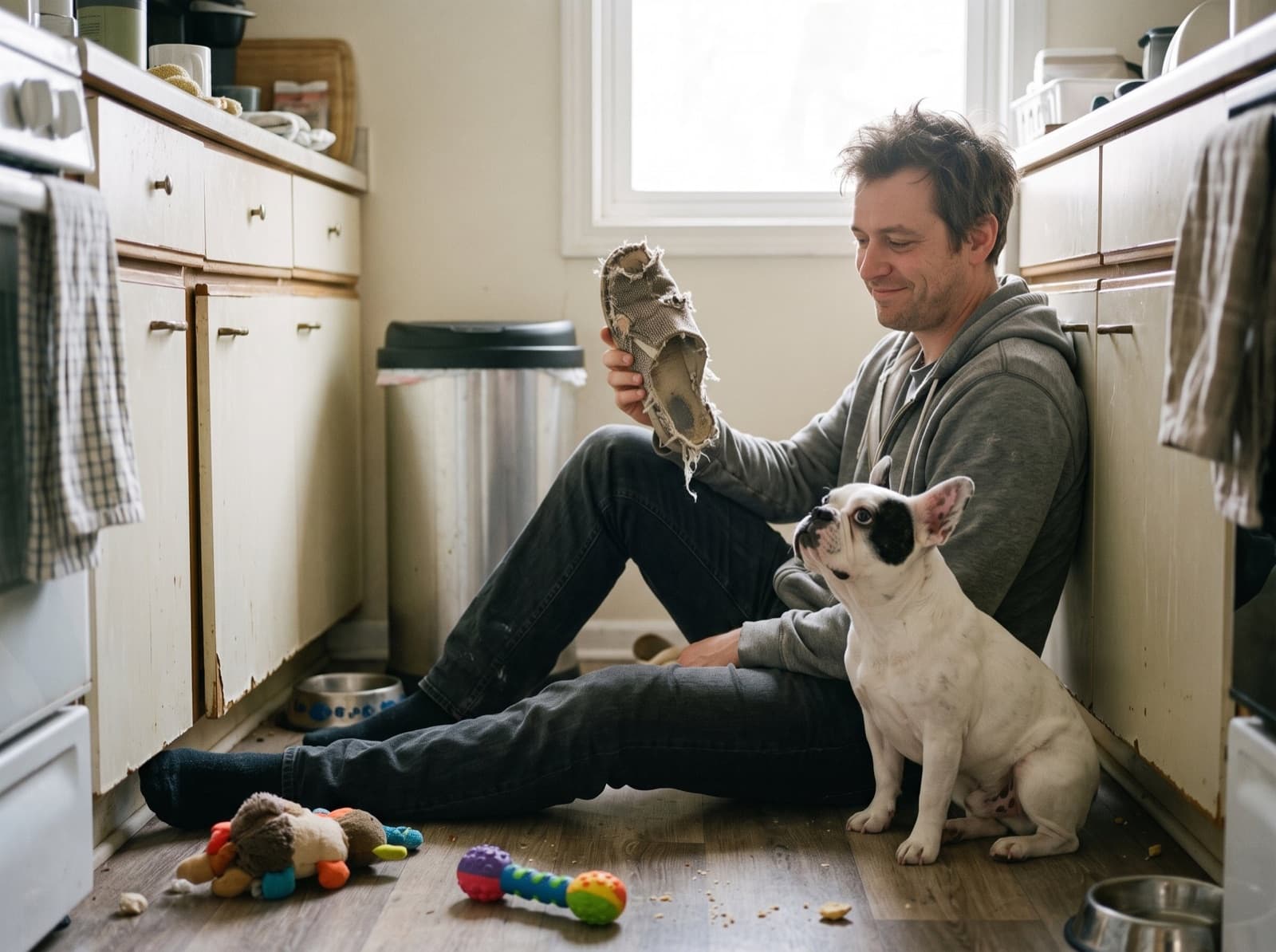 A man on the kitchen floor holding a chewed shoe while his French Bulldog looks on