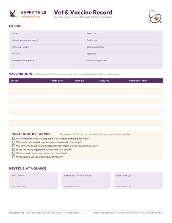 Preview of the Vet & vaccine record